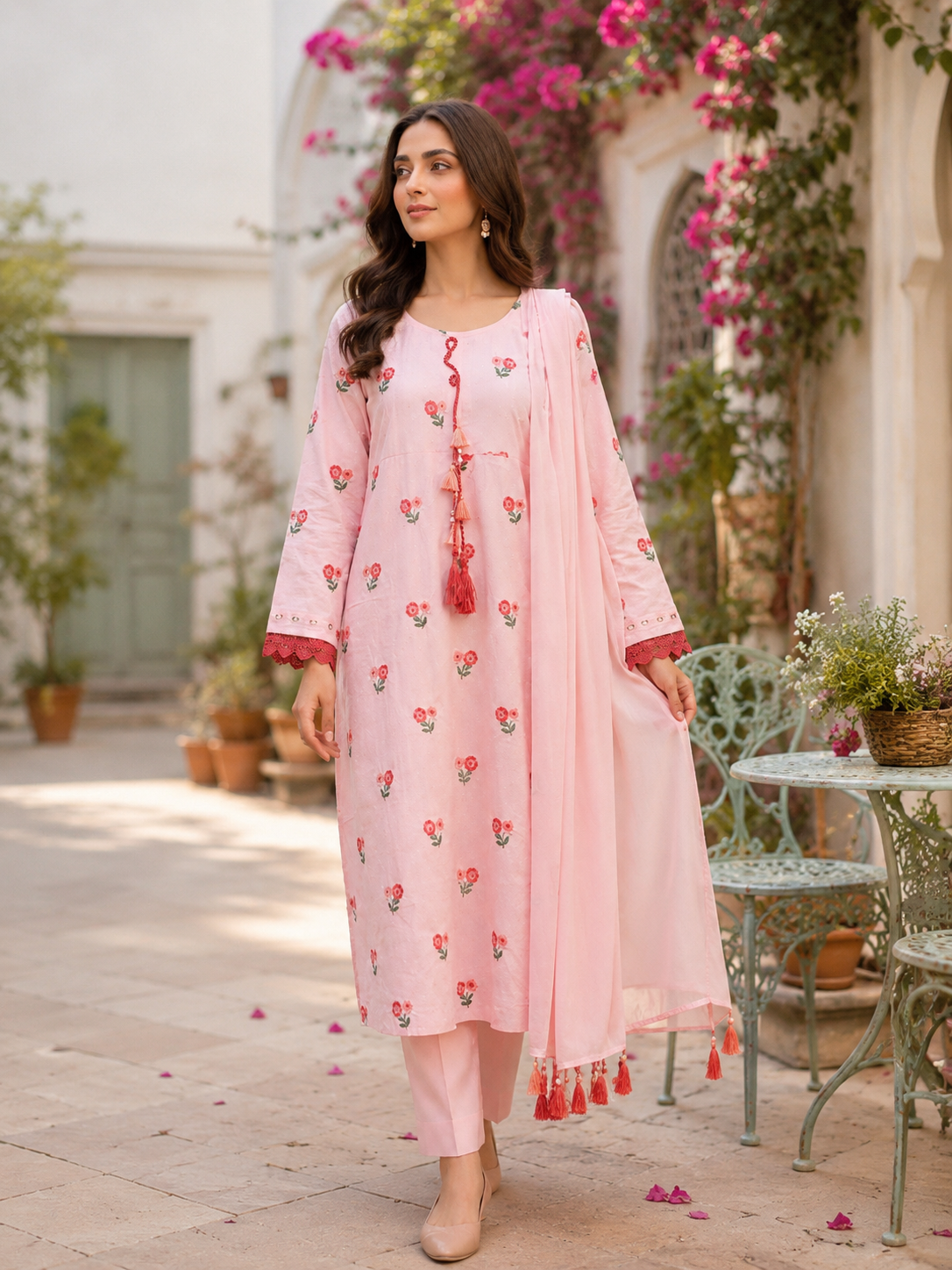Pink Peach 2-Piece Embroidered Suit