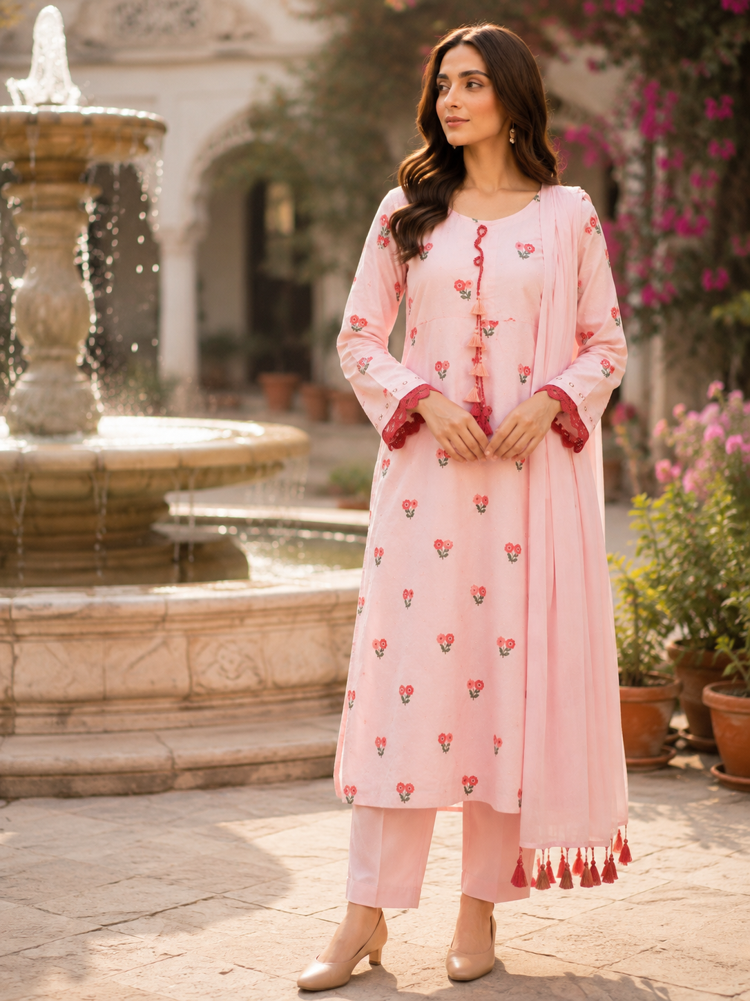 Pink Peach 2-Piece Embroidered Suit