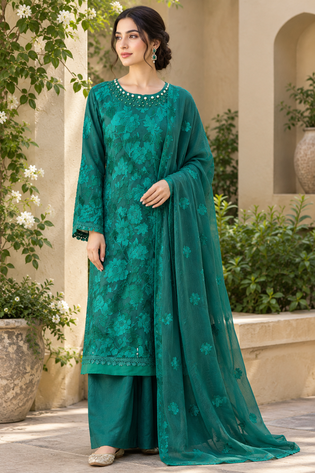 Green Embroidered Chiffon 3-Piece