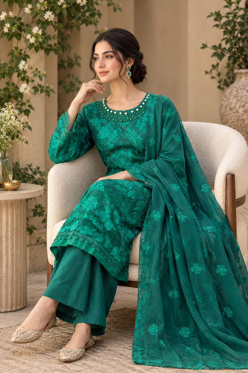 Green Embroidered Chiffon 3-Piece