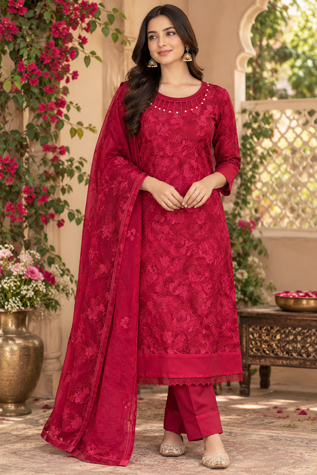 Red Embroidered Chiffon 3-Piece