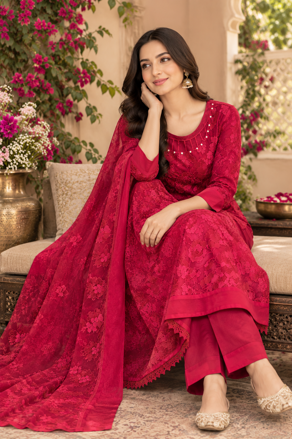 Red Embroidered Chiffon 3-Piece