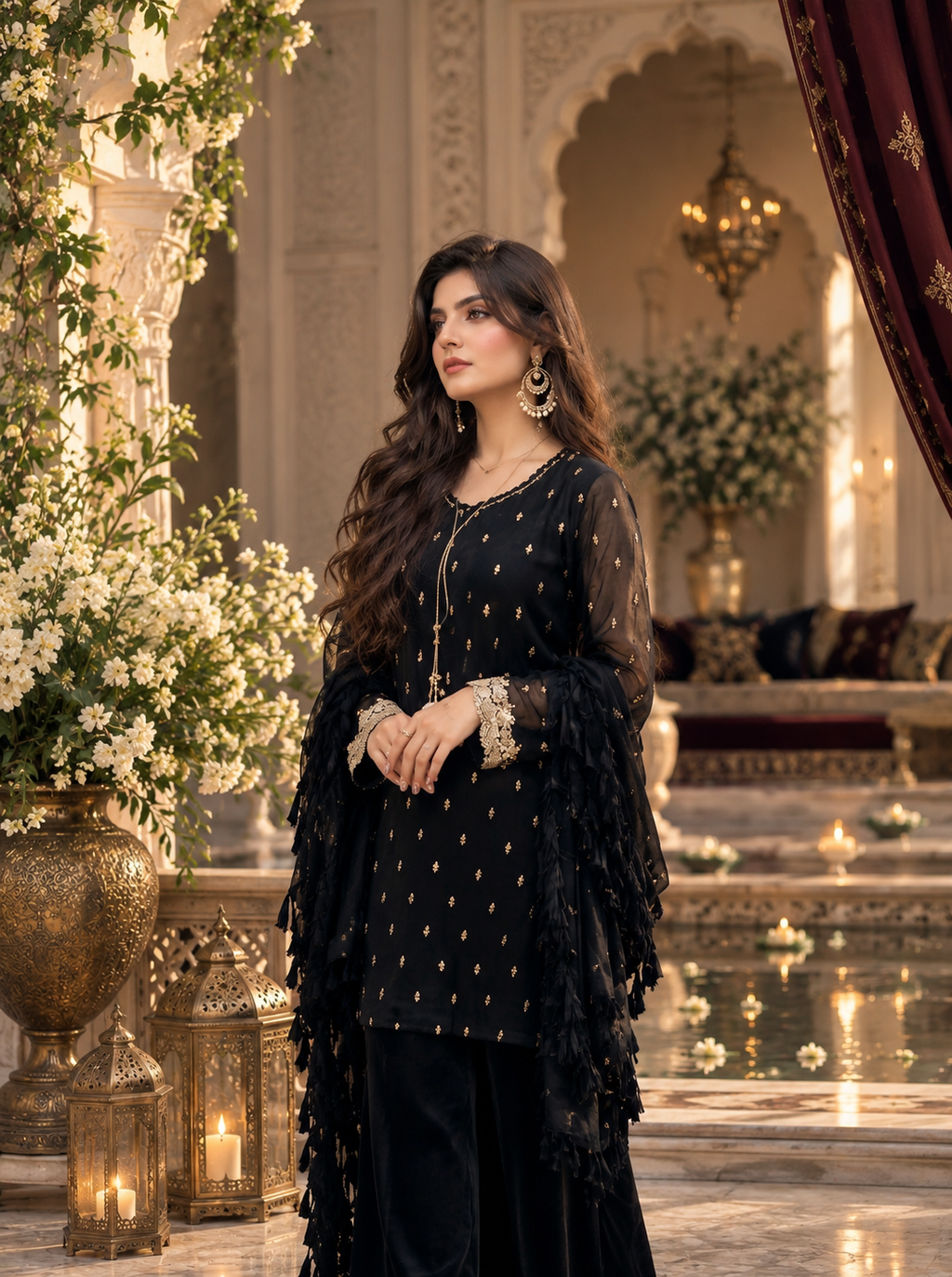 Black Embroidered Kurti with Silk Sharara