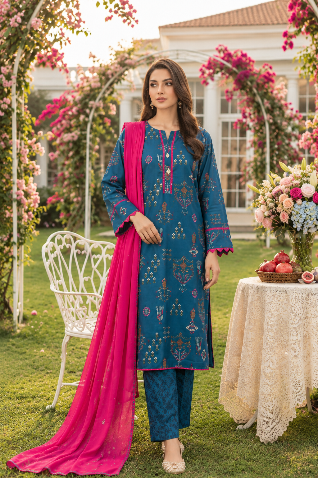Blue 3-Piece Printed Suit