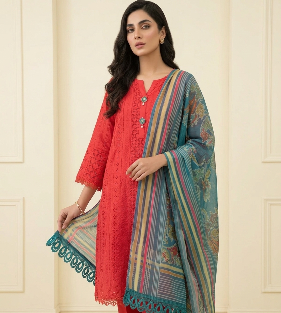 Carrot Red 3-Piece Festive Eid Suit