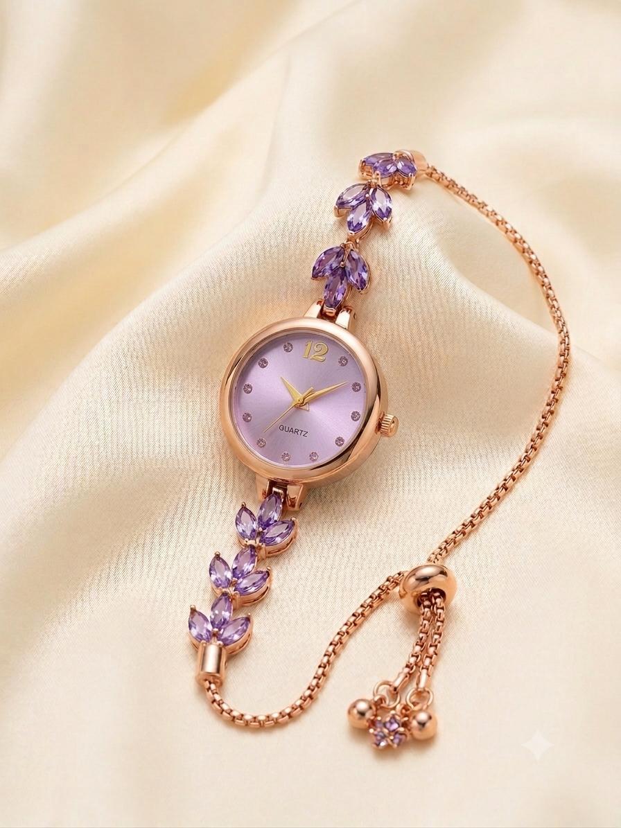 Elegant Ladies Quartz Watch With Colorful Petal Diamond Decorated Adjustable Strap