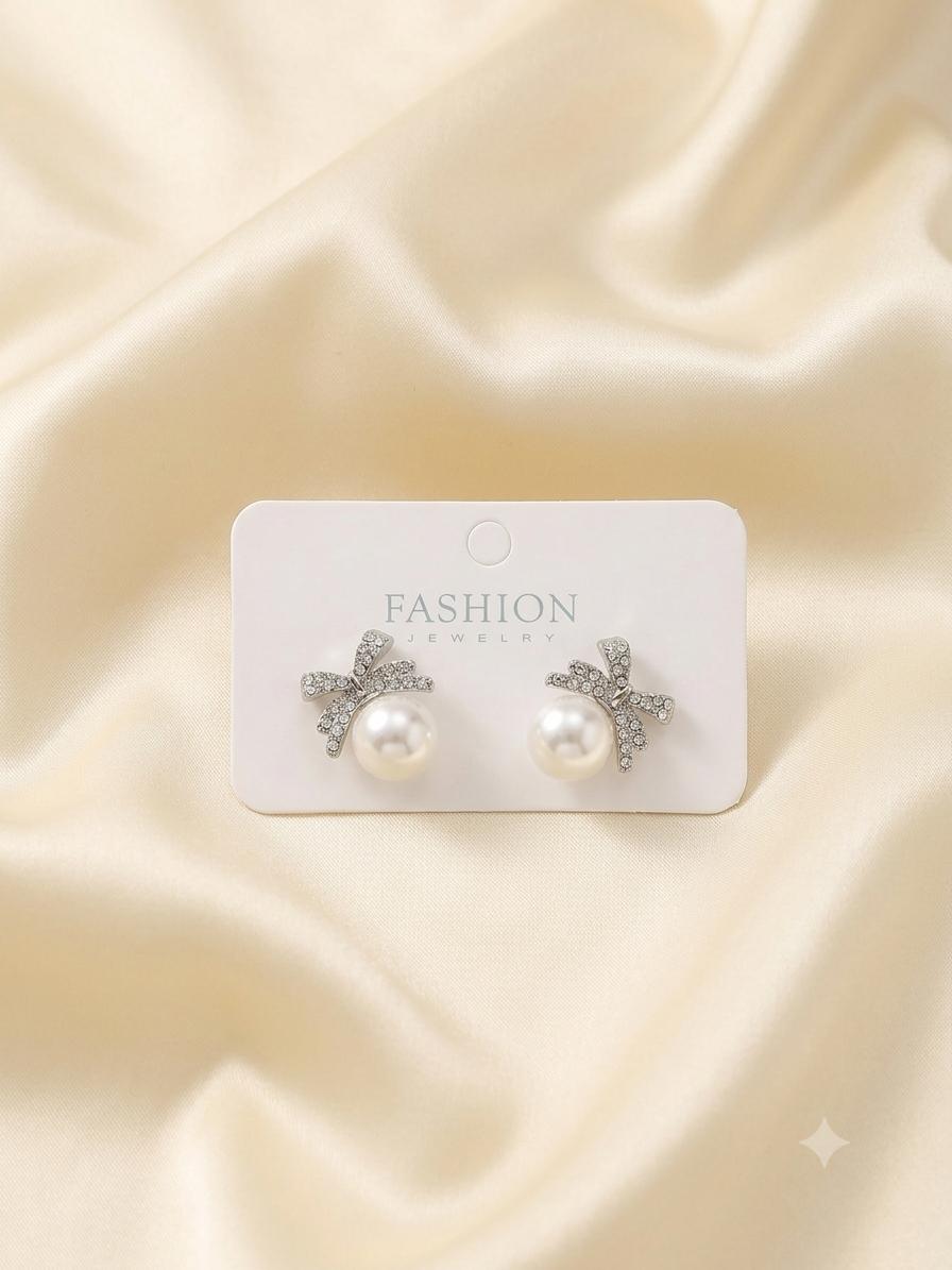 Elegant Bow Faux Pearl Rhinestone Stud Earrings Valentines