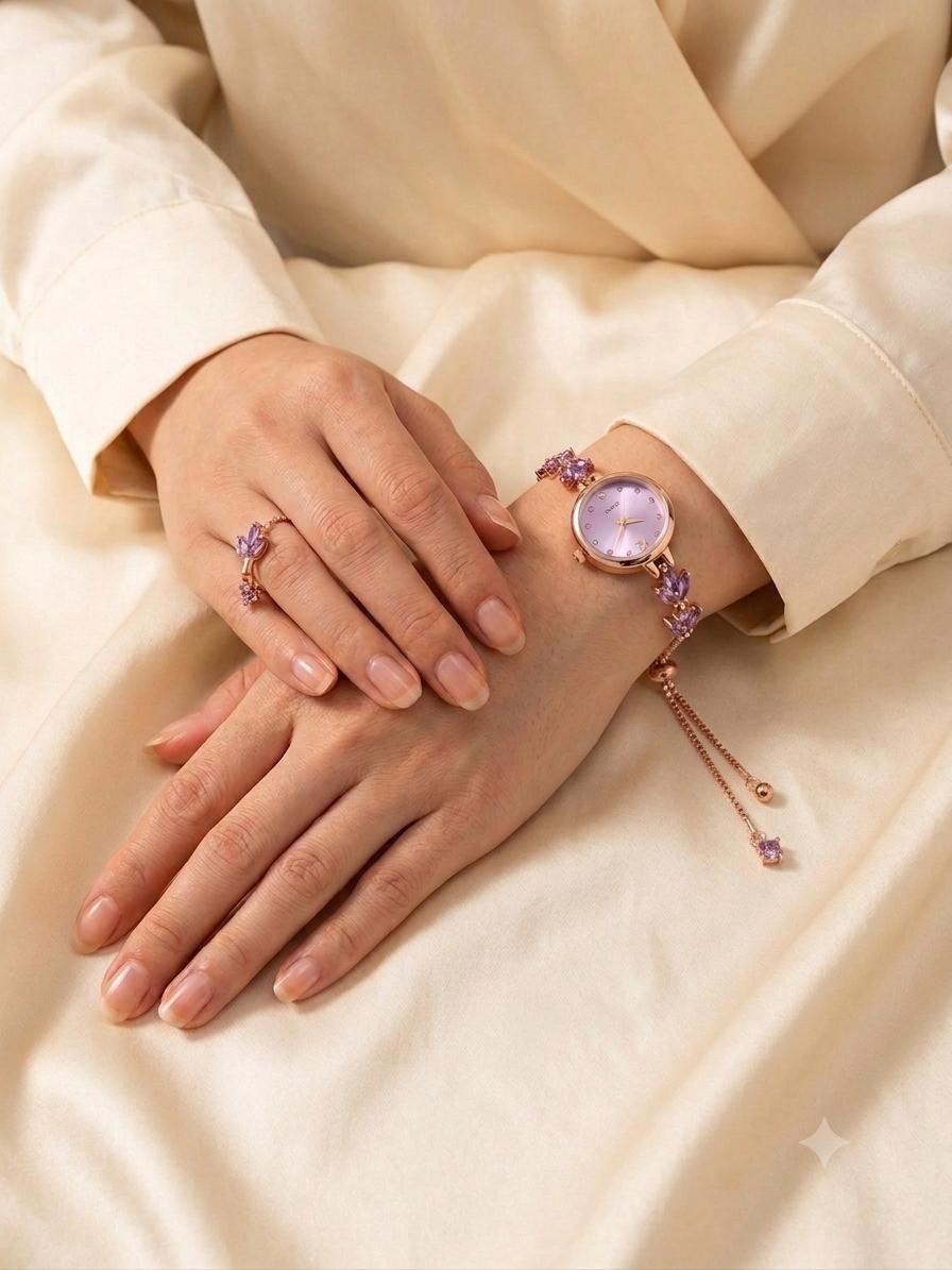 Elegant Ladies Quartz Watch With Colorful Petal Diamond Decorated Adjustable Strap