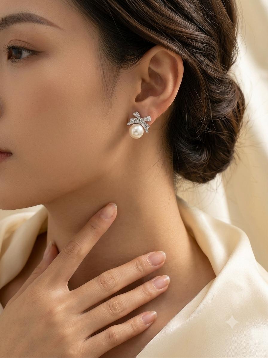 Elegant Bow Faux Pearl Rhinestone Stud Earrings Valentines