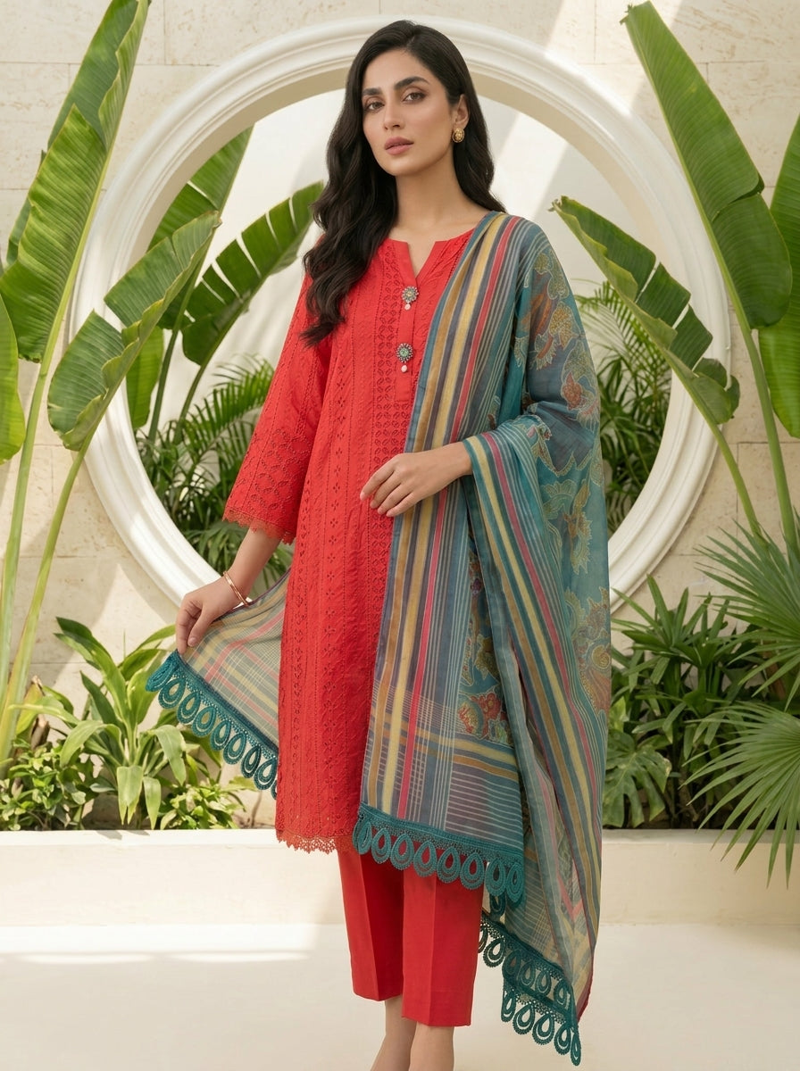 Carrot Red 3-Piece Festive Eid Suit