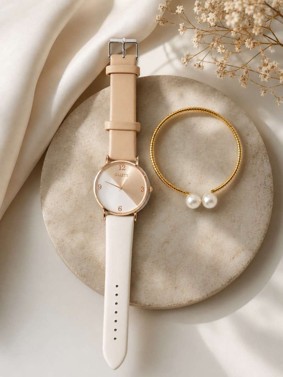 Ladies Watch Round Pointer Quartz Watch, 1pc Bracelet
