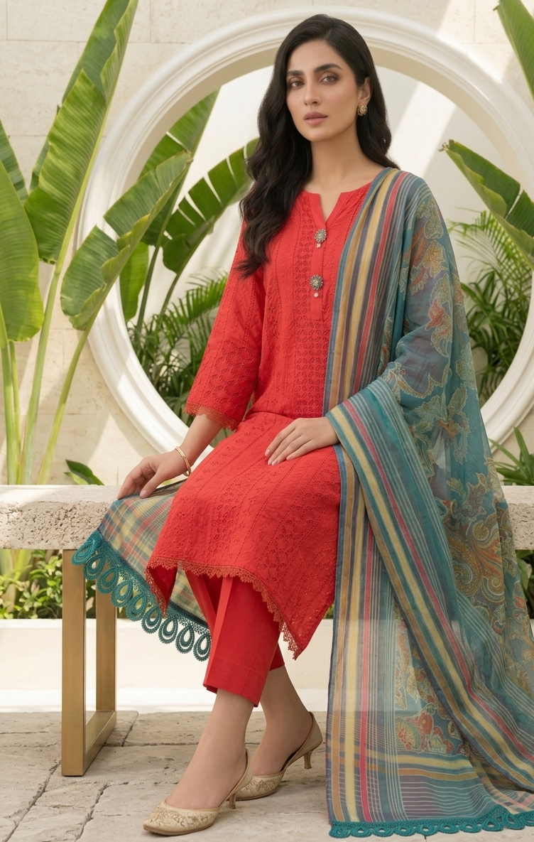 Carrot Red 3-Piece Festive Eid Suit